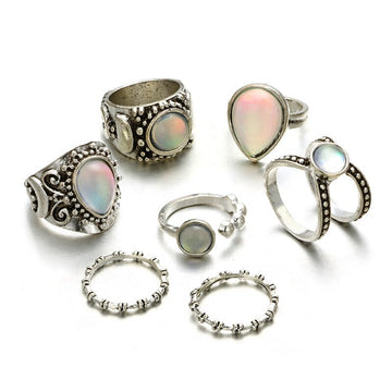 7pcs/set Vintage Geometric Big Stone Opal Rings Set For Women Bohemian Antique Silver Color Carved Knuckle Rings Fashion Jewelry daiiibabyyy